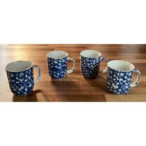 Set of 4 Vintage Blue Folk Craft Ceramic Sponge Hearts 3.75” Coffee Mugs Cups